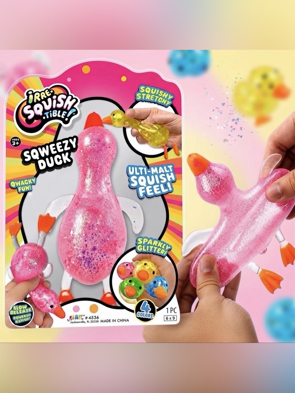 JA-RU Pink Glitter Squeezy Duck Stretchy Fidget Toy